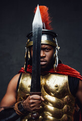 Roman soldier holding sword near his face