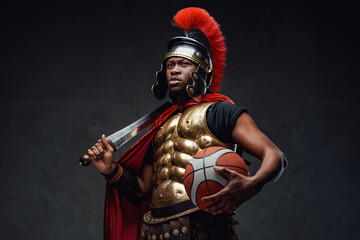 African legionary holding short sword and basketball