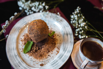 Fototapeta na wymiar Chocolate sugar dessert in restaurant. Art food concept