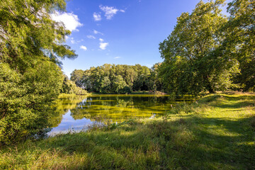 Schöner Teich mit weißen Wolken und blauem Himmel