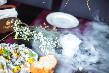 Art restaurant dish with sea food