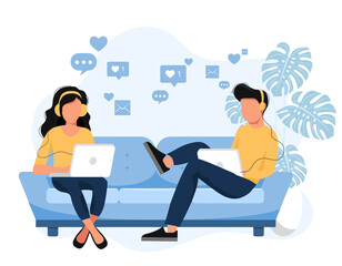 Social network. People using lap top for social networking. Chatting. Creative flat design for web banner, marketing material, business presentation, online advertising. Flat vector illustration	