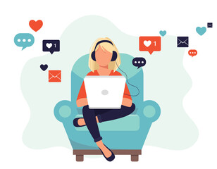 Social network. Woman using lap top for social networking. Chatting. Creative flat design for web banner, marketing material, business presentation, online advertising. Flat vector illustration	