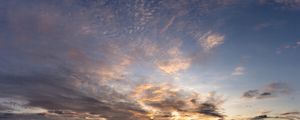 Panorama of orange cirrocumulus at sunset, Dramatic sunset sky