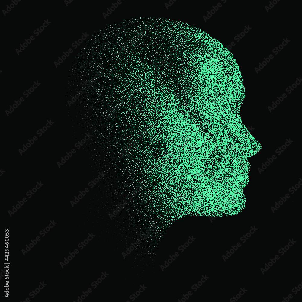 Poster Silhouette of a 3d human head made of dots and particles. Concept of Artificial intelligence and Neural Network.