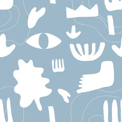 Сontemporary seamless pattern hand drawn shapes. Nature doodle elements and objects. Abstract color various leaves and flowers. Trendy modern flat cartoon vector illustration isolated on blue