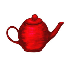 Red teapot with lid isolated on white background. Icon. Watercolor illustration. Kitchen cutlery, dishes. For the design of the menu of cafes, restaurants.