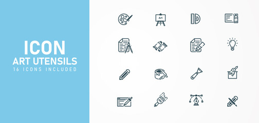 Art icon set Includes icons as artists paint 16 icons brush, fukan, pencil, watercolor and etc. Vector illustration Art master image