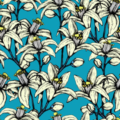 Vector illustration of a seamless pattern of orange flowers on a blue background. DO NOT roll buds for fabric, wrapping paper or stationery