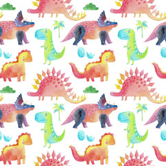 Watercolor pattern with dinosaurs, cute cartoon characters