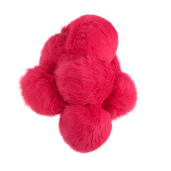 Close up of hot pink rabbit fur pompoms isolated on white background. 