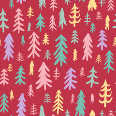 Fun christmas trees seamless repeat pattern. Colorful, doodled vector forest all over surface print on red background.