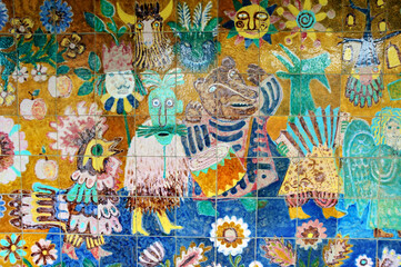 The porcelain tiled depictions like children's drawings of animals, birds, flowers, and trees in Kyiv Ukraine