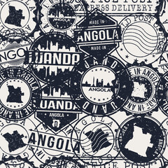 Fototapeta premium Luanda, Angola Pattern of Stamps. Travel Passport Stamps. Made In Product. Design Seals in Old Style Insignia Seamless. Icon Clip Art Vector Collection.