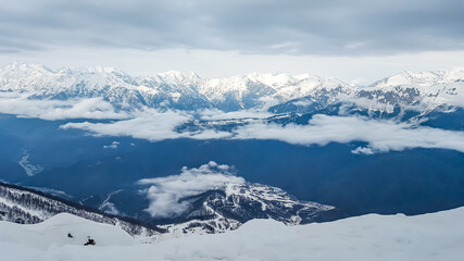 Fototapeta na wymiar Mountain view from Rosa Peak. Alpine Resort in Sochi, Russia