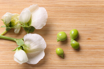 Legumes - The pod of peas with the white flower typical of the pea plant placed on the wooden tray