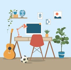 Workplace with computer, globe and lamp. Houseplants and books on the shelf. Vector flat illustration