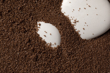Two white stones on brown rough textured sand, summer background.