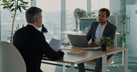 Job Interview Meeting. Adult Businessman Applying CV Letter Application for Recruiting Agency. Hiring Managers Team Giving Consultation about Vacancy.