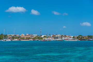 Fototapeta na wymiar North beach on colorful Isla Mujeres island near Cancun in Mexico, view from the ferry