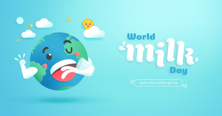 World milk day vector illustration.World smiling and cheerful cartoon drinking a glass of milk and show strength arm healthy to join the celebration with friends sun,moon,cloud.