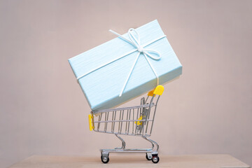 Shopping cart with large gift box. Shopping season concept.