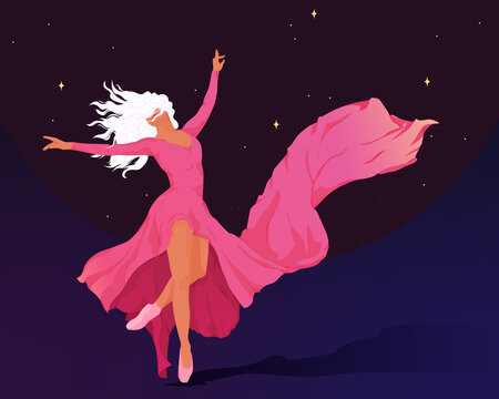 Woman ballet dancing  in red dress under the stars