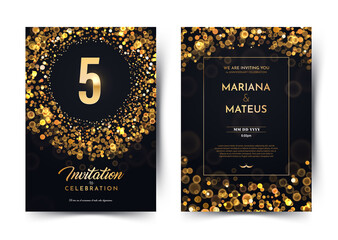 5th years birthday vector black paper luxury invitation double card.Five years wedding anniversary celebration brochure. Template of invitational for print on dark background with bokeh lights