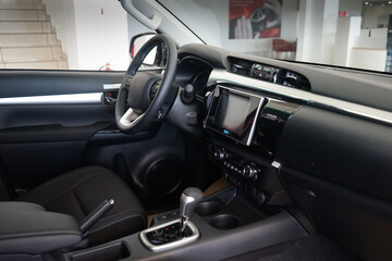 Steering wheel and dashboard view of a modern vehicle