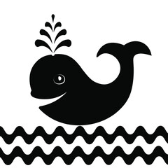 A happy whale  with a fountain and waves, funny illustration, sea life symbol in black and white, childish whale icon 