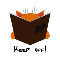 Keep off sign, a reading kitty, smart red cat reading a big book, busy reading 