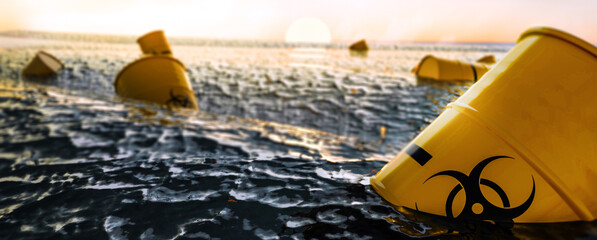 Barrel of radioactive and biological waste into the sea, nature pollution, pollution of the ocean and the sea. 3d render