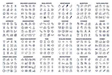 384 modern thin line icons. High quality pictograms. Linear icons set of Airport, animal pet, approve, hobby, etc symbol template for graphic and web design collection logo vector illustration