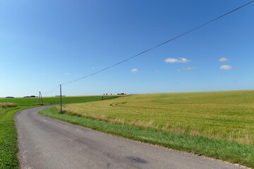 Fototapeta na wymiar telephone pole and country road in Ile-De-France region. Chenoise-Cucharmoy village
