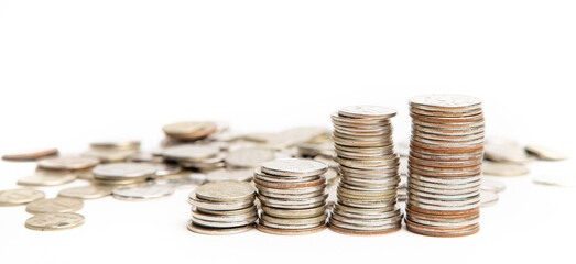 Coins isolated on a white background . Business and finance. Lots of coins. Copy space.