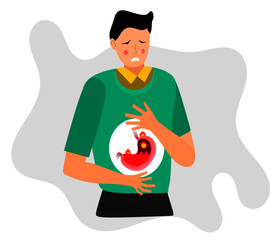 Man Person with Acid Reflux, Heart Burn Acidicity in Heartburn. Gastric disease, stomach problem. cartoon having disease, feeling pain bloating abdomen gastroesophageal reflux high acid vector, GERD