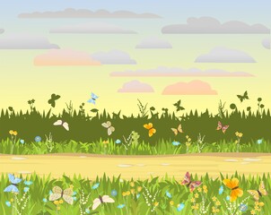 Blooming meadow close up. Road. Seamless. Dense grass, chamomile and butterflies. Isolated on white background. Seamless background illustration. Summer landscape with wildflowers. Vector