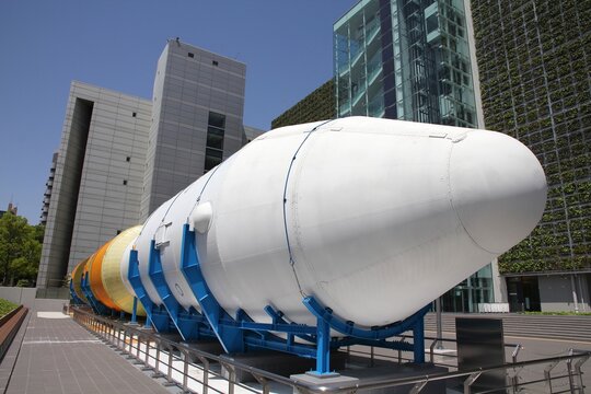 NAGOYA, JAPAN - APRIL 28, 2012: Space rocket in front of Nagoya City Science Museum in Nagoya, Japan. H-IIB is an expendable launch system used for International Space Station missions.