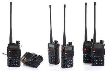 set collage of several black walkie-talkie radio communication device isolated on white background