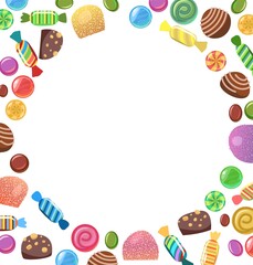 Sweets frame. Sweets, lollipops and caramel. Chocolate with nuts and marmalade in sugar. Round. The illustration is isolated on a white background. Vector