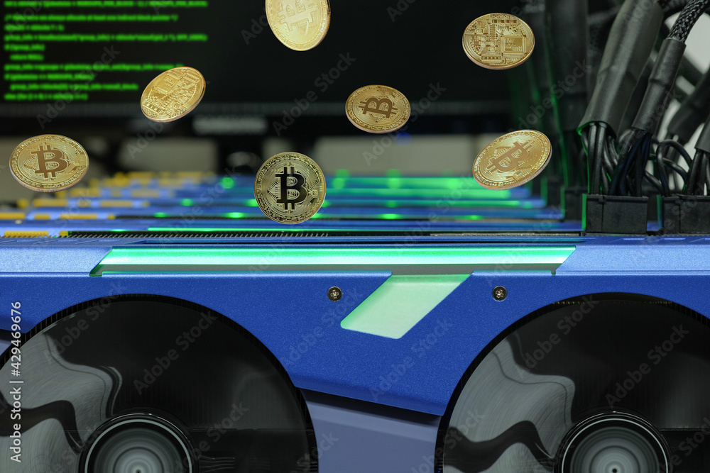 Leinwandbilder golden bitcoin virtual symbol floating up to while computer mining on working concept, bitcoin is a 