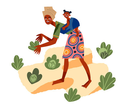 African Tribal Woman With Kid And Collecting Harvest. Mother With Little Child In Nature Vector Illustration. Girl In Dress With Traditional Elements And Baby Working On White Background