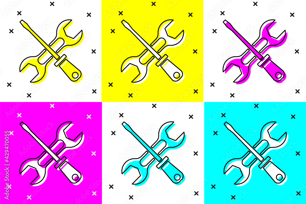 Poster set screwdriver and wrench spanner tools icon isolated on color background. service tool symbol. vec