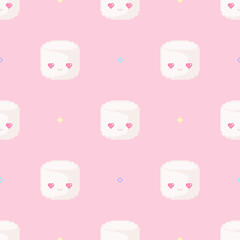 Pixel fun trendy seamless pattern with cute marshmallows on pink background. pink backdrop and fun anime pixel marshmallows repeat pattern for fabric, textile, paper, case. Modern sweet pixel pattern.