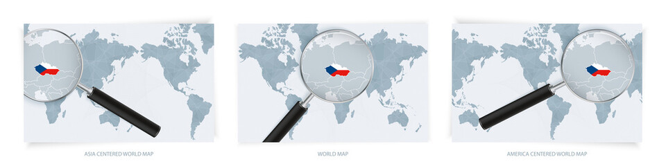 Blue Abstract World Maps with magnifying glass on map of Czech Republic with the national flag of Czech Republic. Three version of World Map.