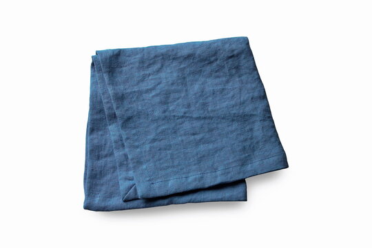 Crumpled Natural Flax Fabric Square Folded. Linen Cotton Restaurant Food Props High Quality Textile. Blue Table Napkin Above Top View On Isolated Background.