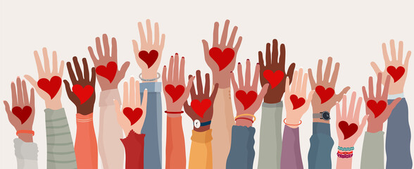 Arms and hands raised. Group of diverse people with heart in hand. Charity donation and volunteer work. Support and assistance. Multicultural and multiethnic community. People diversity