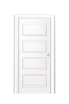 White closed door with frame and handle. Doorway in modern office or home vector illustration. Room or apartment entrance mockup. Realistic interior design element background