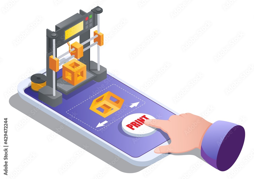 Aufkleber isometric 3d printer building cube on mobile screen. 3d printing service for on demand manufacturing