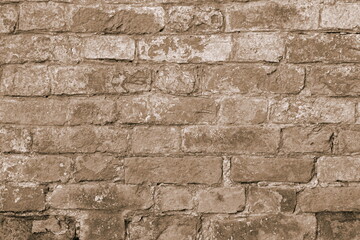 Old Textured Loft Brick Wall With Blots In Brown Sepia. Aged Rustic Brickwork Masonry Background For Design. Exposed Shabby Facade Exterior Surface. 